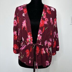 Express Cinched Waist Kimono Top Size M Red Floral